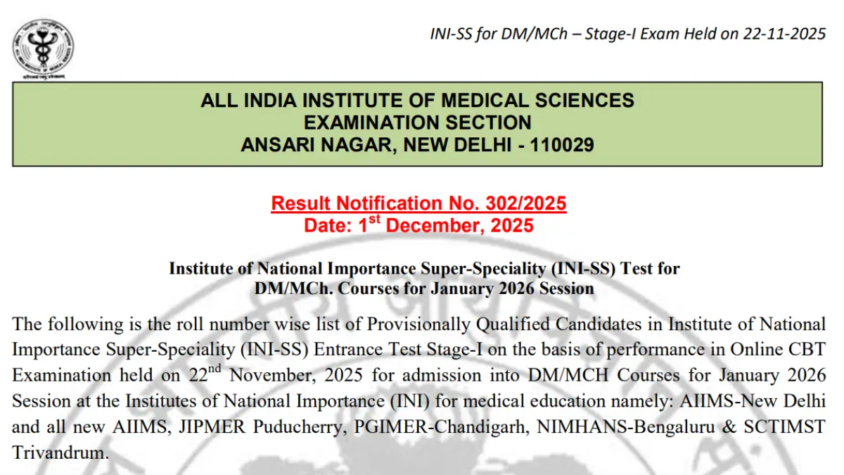 Screenshot of the official AIIMS INI SS Result 2026 Jan Session Stage-1 merit list PDF showing qualified candidates' roll numbers. Screenshot of the official AIIMS INI SS Result 2026 Jan Session Stage-1 merit list PDF showing qualified candidates' roll numbers.