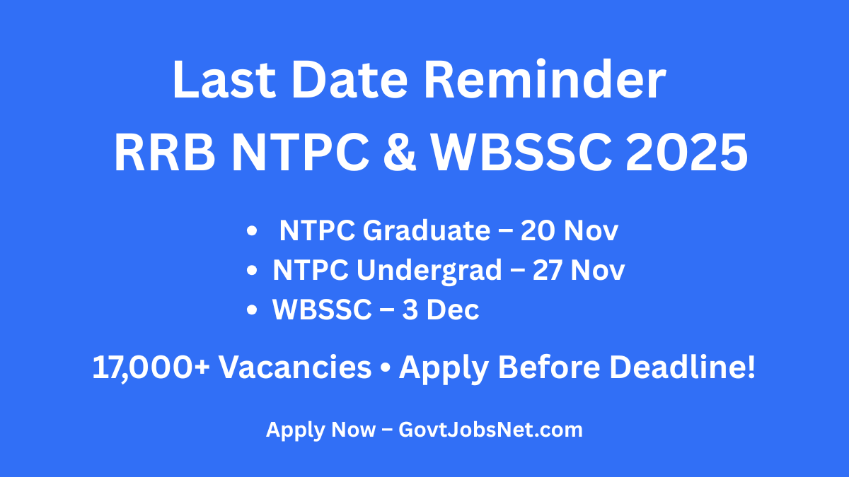 Latest Govt Jobs 2025: Urgent application deadlines for RRB NTPC and WBSSC posts with final exam preparation strategy.