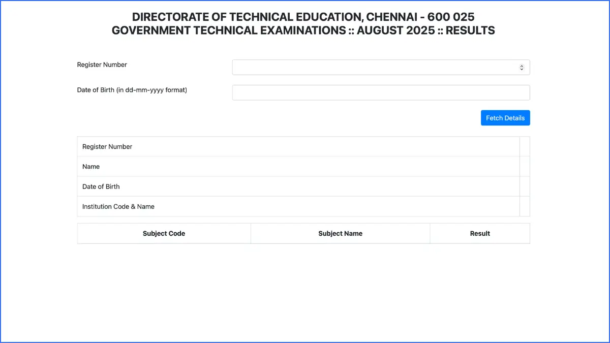 TNDTE Typewriting Result 2025 Login Page showing Register Number and Date of Birth fields at tndtegteonline.in TNDTE Typewriting Result 2025 Login Page showing Register Number and Date of Birth fields at tndtegteonline.in