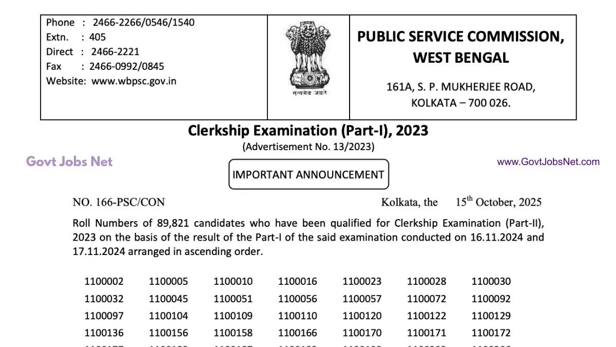 WBPSC Clerkship Result 2025 PDF Download – Merit List, Cut Off Marks, Sarkari Result Update